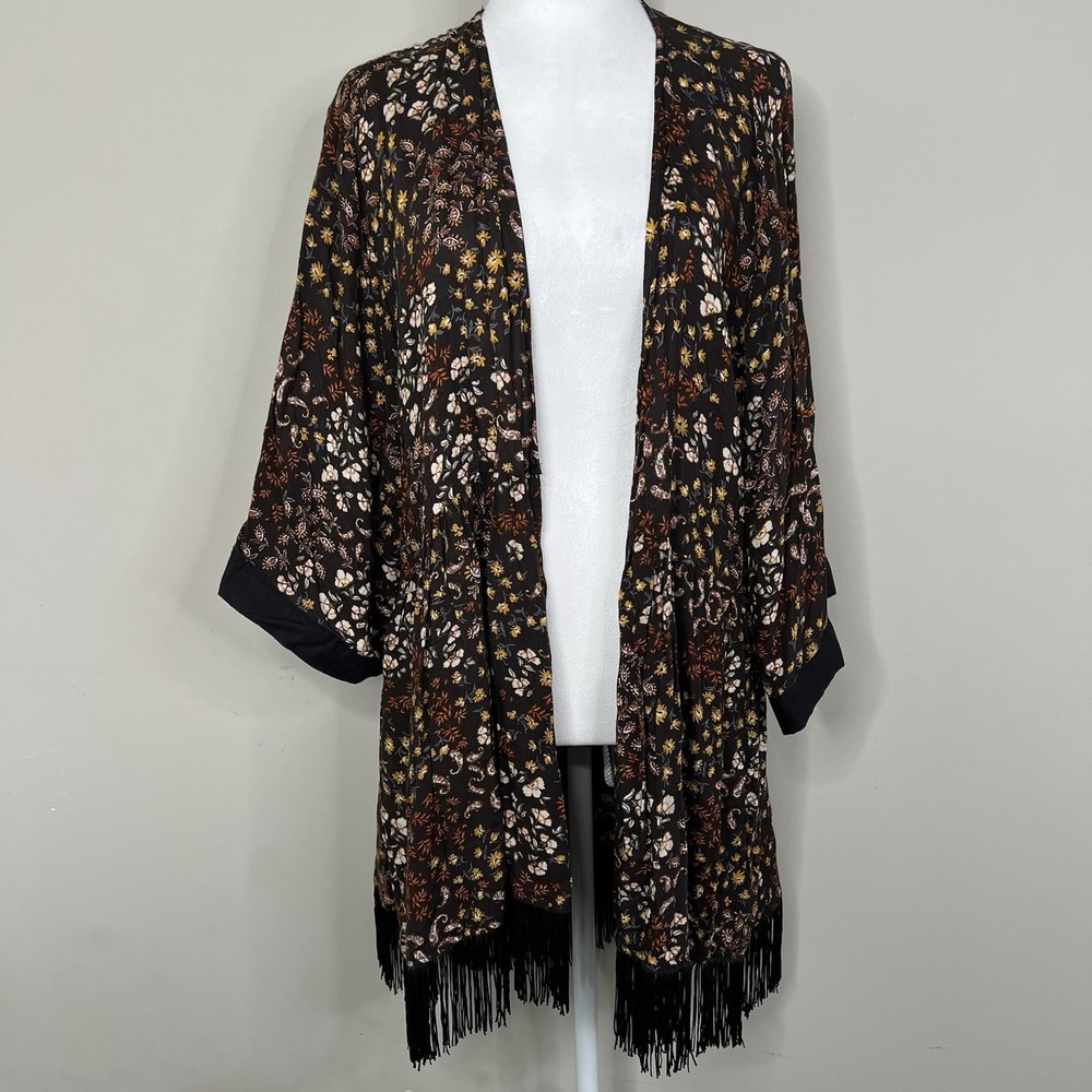 Maurices Dark Floral Fringe Kimono Womens XXL Duster Whimsigoth Boho Western